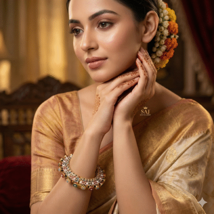 Traditional Polki & Pearl Gold Bangle | Elegant Festive Jewellery