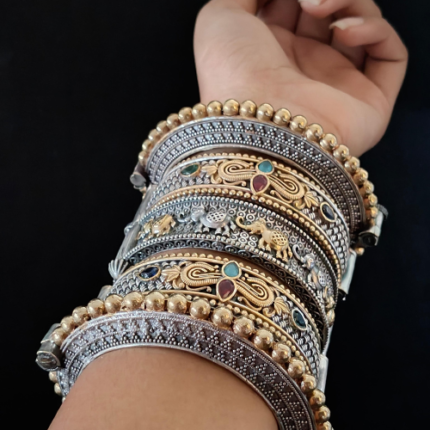 Bridal Oxidized Bangles Set with Multicolor Stones | Heavy Ethnic Jewelry for Women