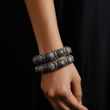 Oxidized Silver Dome Design Bangles Set for Women | Antique Ethnic Jewelry