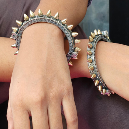 Handcrafted Silver Spike Kada Bracelet for Women | Bold Ethnic Jewelry