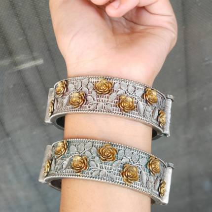 Handcrafted Silver & Gold Floral Kada Bracelet for Women | Designer Ethnic Jewelry