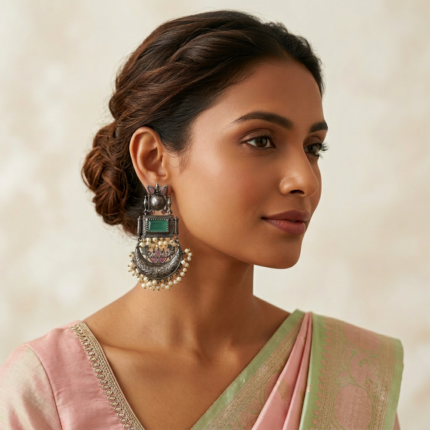 Oxidised Lotus Statement Earrings | Ethnic Pearl Jewelry