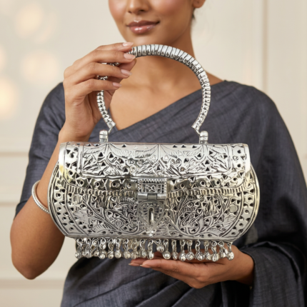 Bridal Clutch Silver Potli | Designer Wedding Handbag